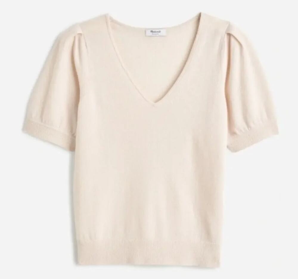 Madewell V Neck Puff Sleeve Cashmere Tee Cream Beige Medium Quiet Luxury Neutral